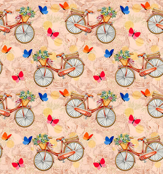 Vintage bicycle seamless pattern with colorful butterflies, retro floral bike illustration on peach background, romantic summer garden wallpaper design