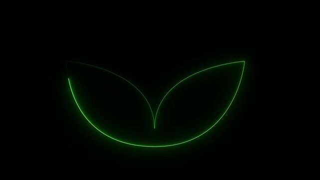 A neon-style leaf icon glowing with vibrant light, representing nature, ecology, environmental awareness, and sustainability.