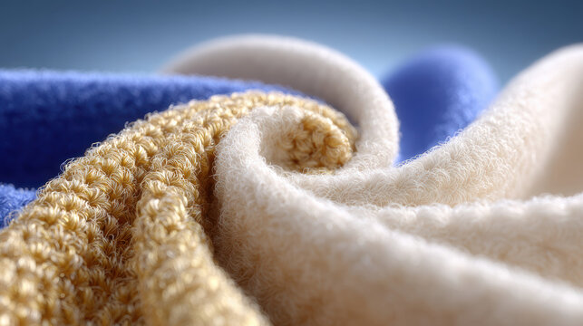 Macro closeup of knitted fabric and wool texture spirals highlighting yarn fibers and stitch detail for textile research, luxury knitwear marketing and material quality inspection