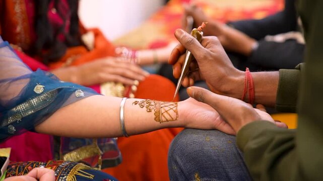 Applying Traditional Henna Mehndi Design on Hand
