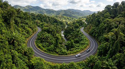 Fototapeta premium Aerial view of a winding mountain road through a lush tropical rainforest