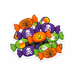 Halloween candy sticker vector, spooky trick or treat sweets pile, colorful holiday sugar snacks with skulls and ghosts isolated on White Background