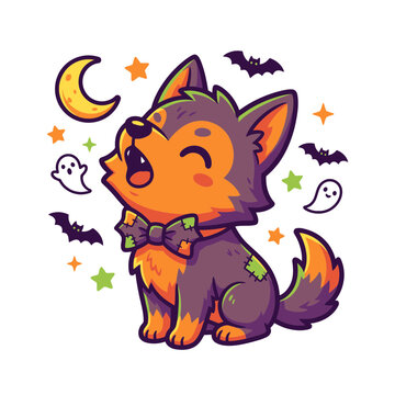 Cute Halloween werewolf puppy howling at the moon, spooky cartoon wolf sticker, adorable monster character vector illustration isolated on White Background