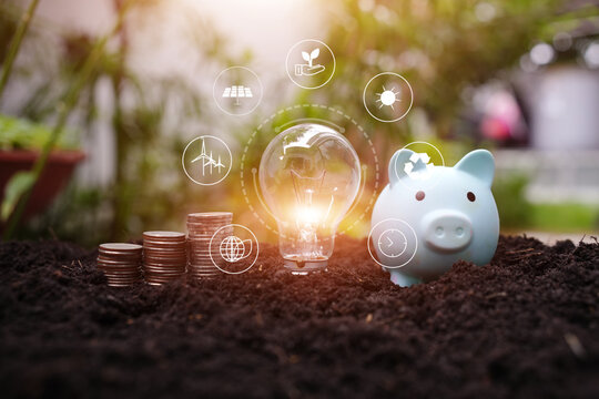 Blue Piggy Bank Light Bulb and Coin Stacks on Soil with Green Energy Icons