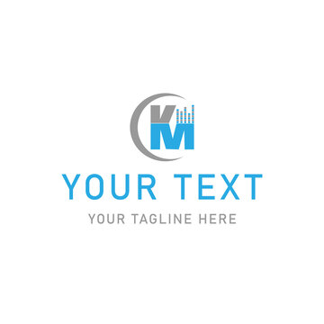 Vector K and M monogram logo design. Abstract geometric icon with cyan and gray colors. Professional corporate identity symbol featuring bar chart graphics. Modern architecture graphic. Isolated