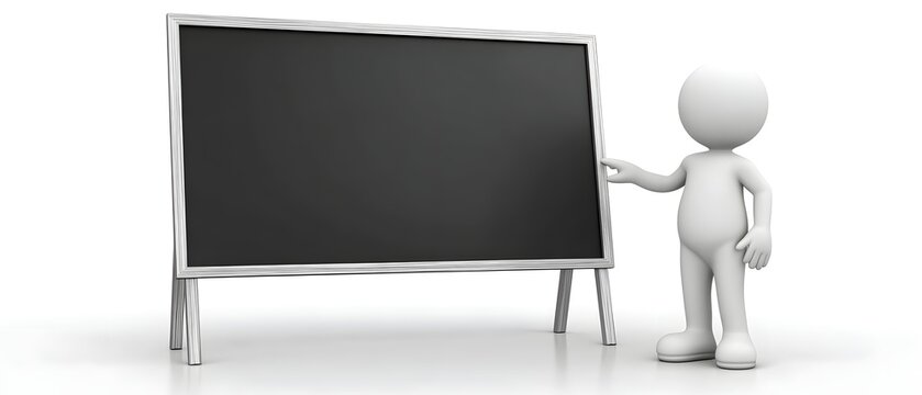 3D white stick figure pointing at a blank blackboard, representing education, presentations, teaching, business planning, communication, and learning concepts.