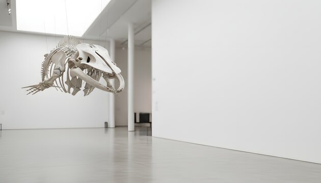 Large whale skeleton hanging in a bright modern museum gallery display for natural history science and marine biology exhibition concept with negative copy space
