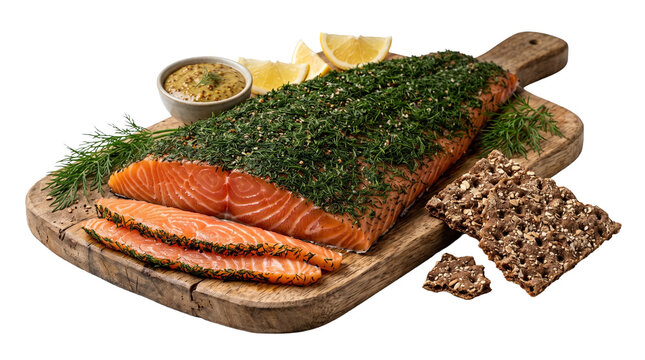 Cured salmon gravlax fillet with fresh dill mustard and crispbread on wooden board