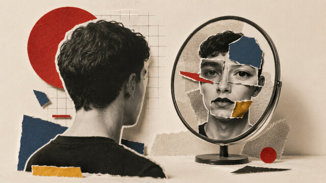 Deepfake deception concept with torn portrait faces, identity manipulation and fake person collage illustrating digital fraud