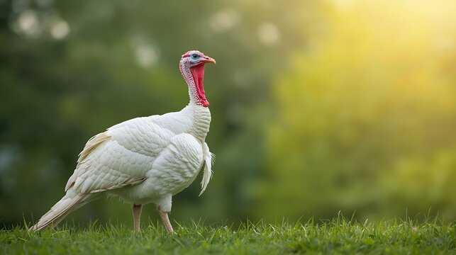 Close Up White Turkey Standing On Green Grass Lawn Meadow Landscape Background