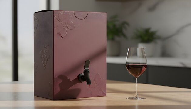 Modern wine box with spigot dispenser standing beside a filled red wine glass on a wooden kitchen counter for eco-friendly beverage packaging design concept