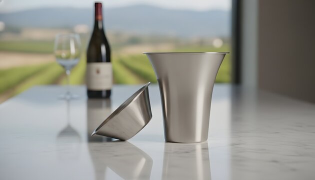 Stainless steel wine tasting spit bucket on marble counter with bottle glass and vineyard background for sommelier evaluation concept