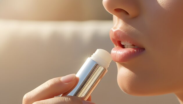 Detailed close-up of a young woman applying hygienic lip balm in warm sun light for a daily moisturizing skin protection and wellness self-care routine concept