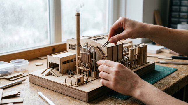 Waste energy plant model close up view hands industrial mockup workshop table