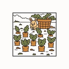 Cute bunny peeking from a basket in a carrot patch with fresh greens during daytime Isolated on white background
