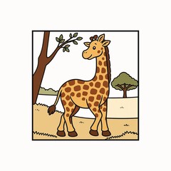 Cute cartoon giraffe standing in a savanna landscape with trees during daytime isolated on white background © Yasin Ahmed