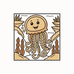 Cute cartoon jellyfish swimming happily in a whimsical ocean environment with coral and seaweed isolated on white background © Yasin Ahmed