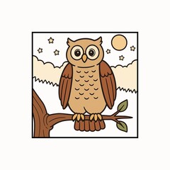 Cute cartoon owl perched on a tree branch during a starry night with a crescent moon Isolated on white background