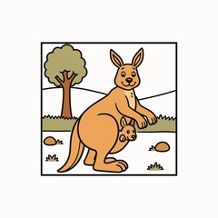 Cute kangaroo with joey in pouch during daytime in Australian outback with simple cartoon style Isolated on white background