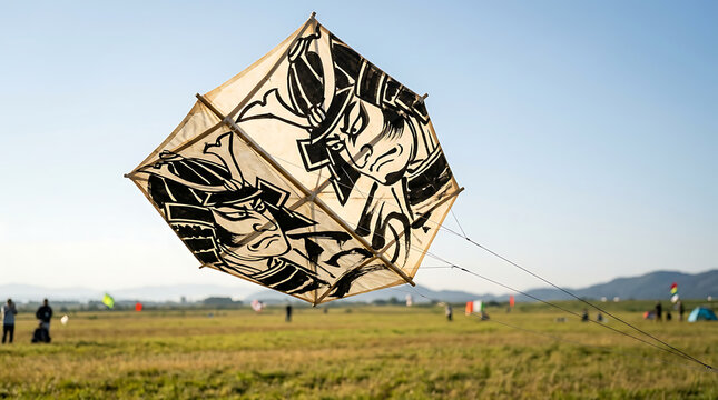 Traditional Japanese Samurai Kite Soars High in the Open Sky Over a Grassy Field on a Bright Day