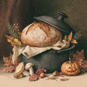 Halloween jack o lantern pumpkin with artisan bread in cast iron pot porcini mushrooms and autumn leaves illustration