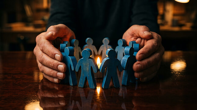 Hands Protecting a Circle of Blue Wooden Figures with a Burning Candle in Center
