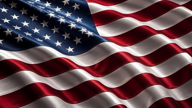 American flag waving with flowing fabric in sunlight in motion, expressing patriotism and national pride.
