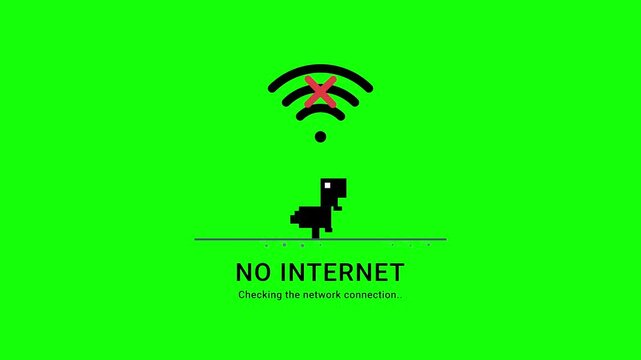 Pixelated running dinosaur with a disconnected Wi-Fi symbol on a green screen. no internet connection and offline network error concept