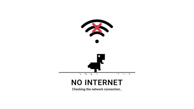 Pixelated running dinosaur with a disconnected Wi-Fi symbol on a white background. No internet connection and network error concept
