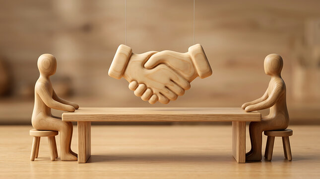 Wooden Figurines Sitting at a Table Under a Hanging Handshake Symbol of Agreement