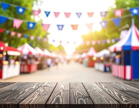 Empty dark wooden table top in front of a blurry summer fair carnival background.
