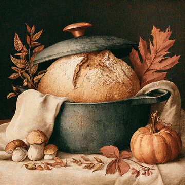 Fresh sourdough bread in cast iron pot with pumpkin porcini mushrooms and autumn leaves illustration
