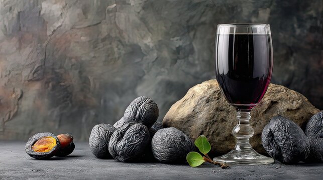 Glass of Rich Red Wine Surrounded by Dried Fruits and Natural Stones on Dark Rustic Background
