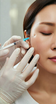A person sits in a chair while a professional administers a cosmetic injection to her face. The setting is a medical clinic focused on beauty treatments. Soft light fills the space.