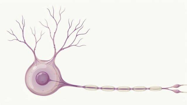 Anatomical neuron cell illustration, biological nerve fiber with dendrites and axon, medical diagram of a human brain cell on white background