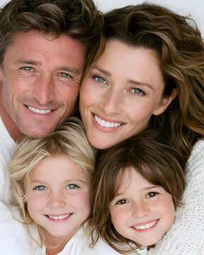 Joyful close-up portrait of a happy family of four with parents and two young daughters smiling together