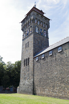The ornate clock tower of Cardiff Castle in the capital city of Wales.