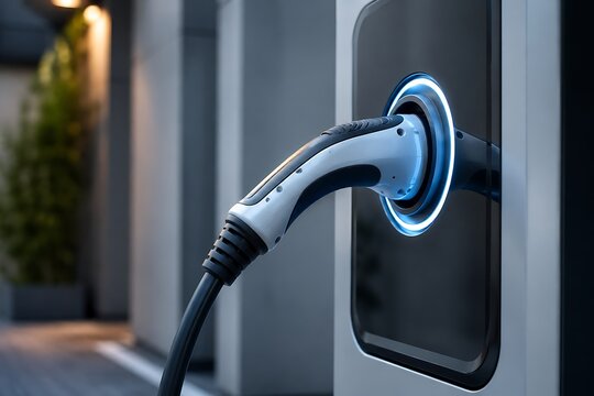 Close-up view of an electric vehicle charging cable plugged into a modern EV charging station, illuminated with a blue light, indicating active charging.