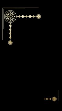 Vertical animated golden octagram compass corners with hanging geometric starbursts on dark canvas