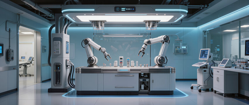 Pharmaceutical medical technology laboratory with robotic arm and sterile automation system