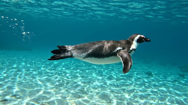 African Penguin Diving Underwater in Crystal Clear Blue Ocean with Sunny Sandy Bottom
