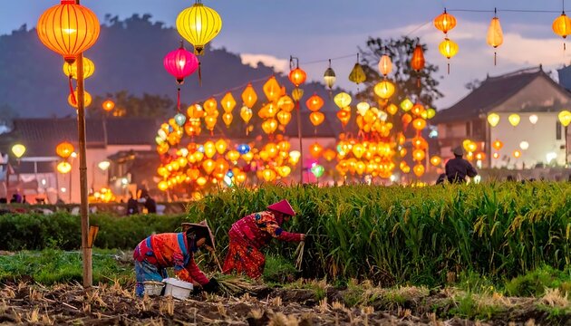 Farmers working in field under colorful traditional lanterns in Hoi An Vietnam.