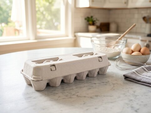 Empty cardboard egg carton on a marble kitchen countertop