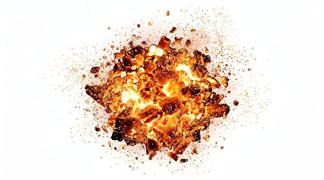 Fiery Explosion Bursting With Embers and Debris on White Background