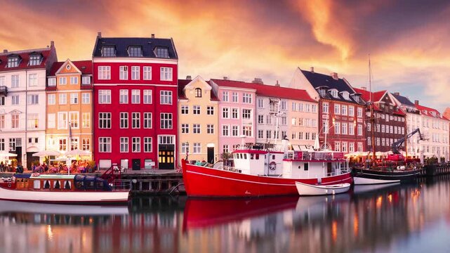 Time lapse of Copenhagen colored building in Nyhavn with blue sky and sun, Denmark
