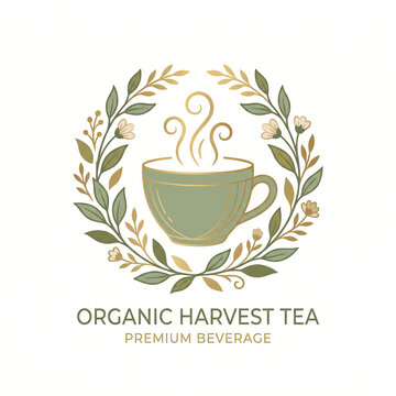 Organic harvest tea logo featuring green cup and floral wreath.
