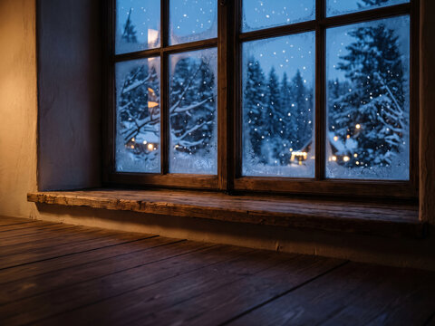 Peaceful Christmas Eve window scene with warm glow and spacious advertising background.