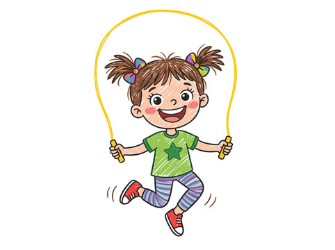 Cheerful girl jumping rope wearing star shirt and striped leggings vector illustration x