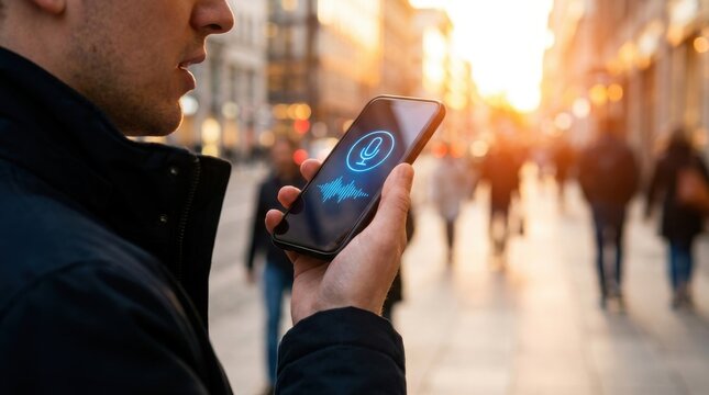AI Search: Smartphone user speaking voice commands while walking through an urban environment 