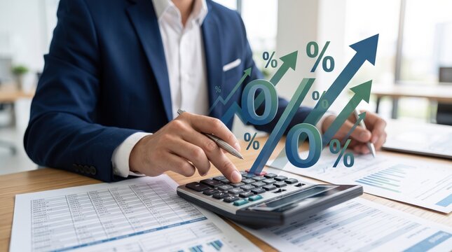 Close up of accountant hands using calculator for financial analysis, percentage growth arrows overlay, tax calculation, budget planning, profit increase, business accounting